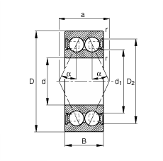 角接觸球軸承 3000-B-2RSR-TVH, 雙列，雙側(cè)唇密封，接觸角 α = 25°